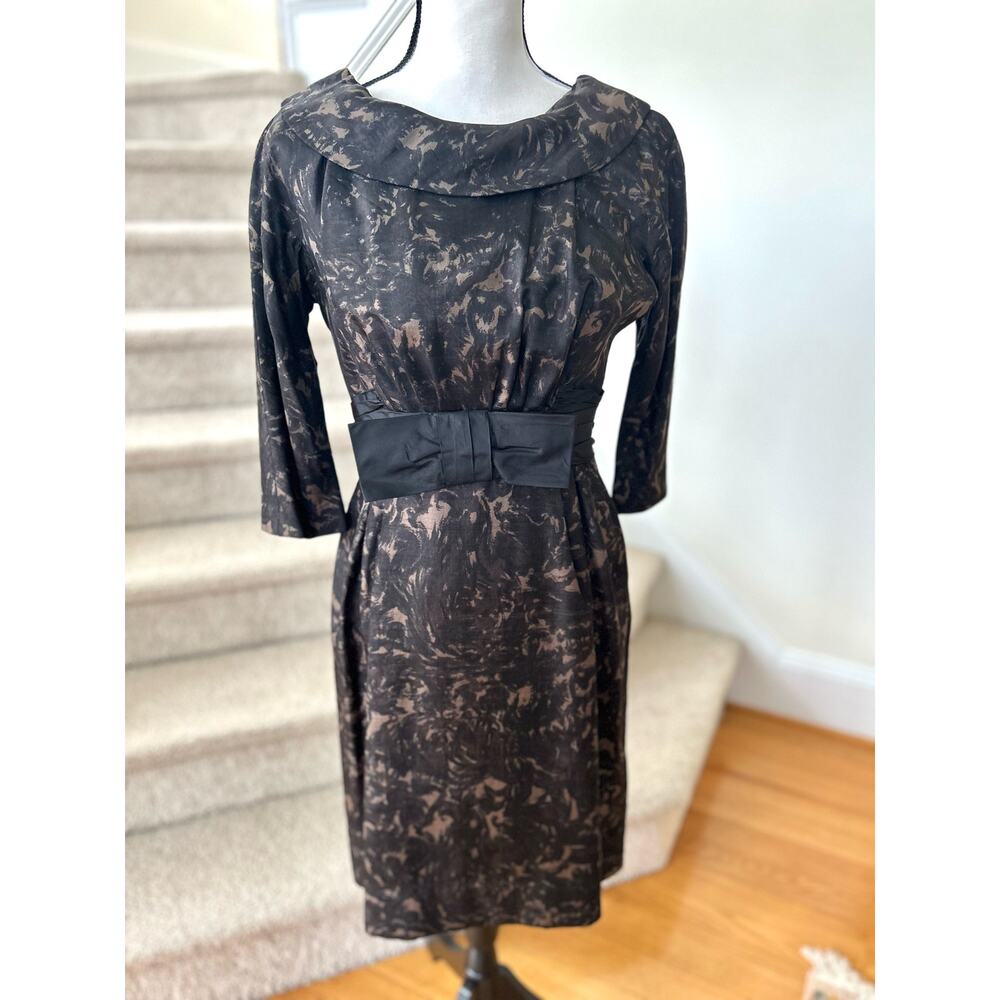 Vintage Black 1960s Black Abstract Floral Bow Belt Sheath Dress